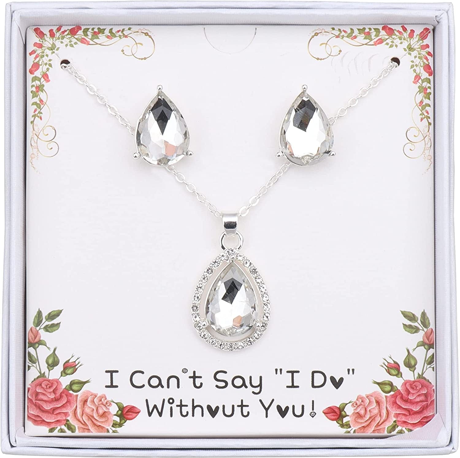 I Can'T Say"I Do" without You | 1-4-6-8 Sets Bridesmaid Jewelry Sets for Women Girls 18K Gold/Rose Gold/Silver Plated Necklace and Earring Set for Wedding Gifts ONE SET SILVER(BOX)