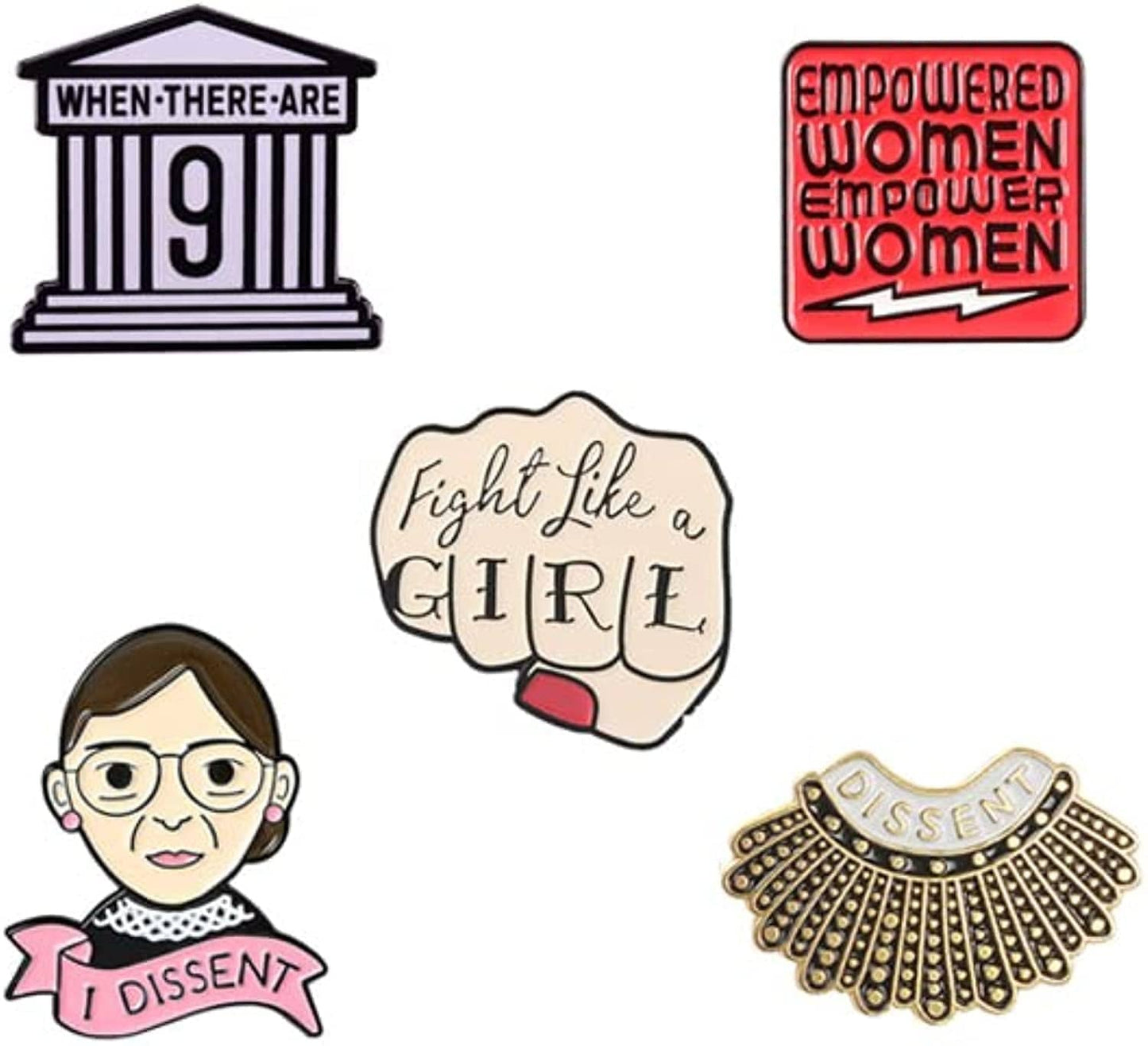 I Dissent Pins RBG Feminist Brooch Pin Ruth Bader Ginsburg Enamel Brooch Justice Lapel Collar Pin for Women'S Rights Badge Pins 5PCS