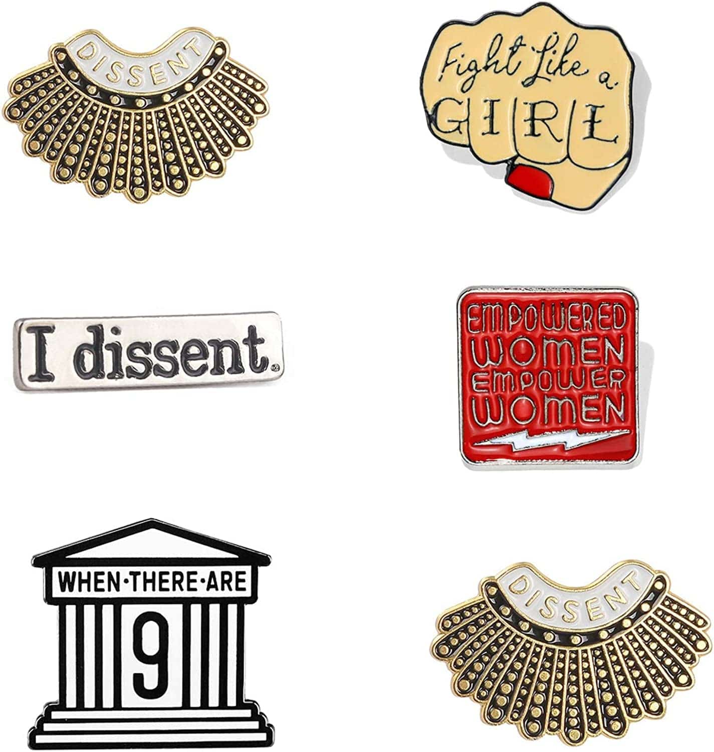 I Dissent Pins RBG Feminist Brooch Pin Ruth Bader Ginsburg Enamel Brooch Justice Lapel Collar Pin for Women'S Rights Badge Pins 6PCS