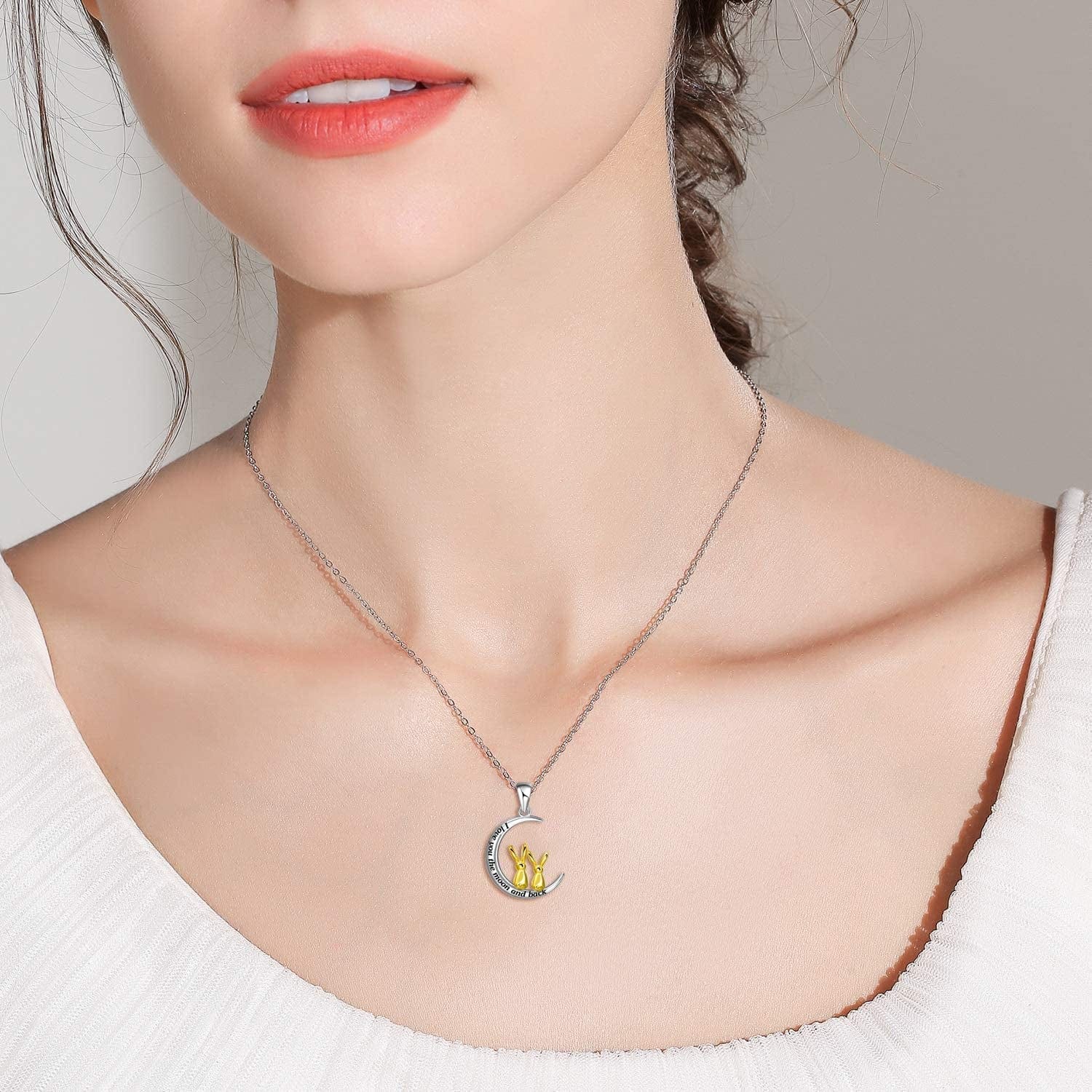 I Love You to the Moon and Back Necklace for Women,925 Sterling Silver Double Bunny Rabbit Panda Necklace Valentines Day Jewelry Gifts for Women Mom Daughter Wife Girls