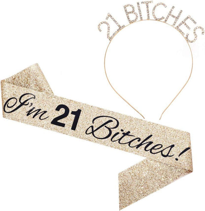 "I'M 21 Bitches!" Sash & Rhinestone Headband Set - 21St Birthday Gifts Birthday Sash for Women Birthday Party Supplies (Gold Glitter/Black) Apparel & Accessories > Clothing Accessories > Sashes ADBetty   