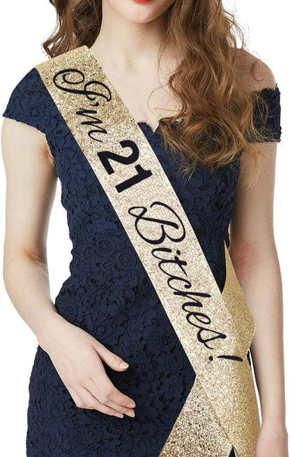 "I'M 21 Bitches!" Sash & Rhinestone Headband Set - 21St Birthday Gifts Birthday Sash for Women Birthday Party Supplies (Gold Glitter/Black) Apparel & Accessories > Clothing Accessories > Sashes ADBetty   