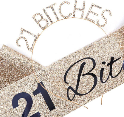"I'M 21 Bitches!" Sash & Rhinestone Headband Set - 21St Birthday Gifts Birthday Sash for Women Birthday Party Supplies (Gold Glitter/Black) Apparel & Accessories > Clothing Accessories > Sashes ADBetty   
