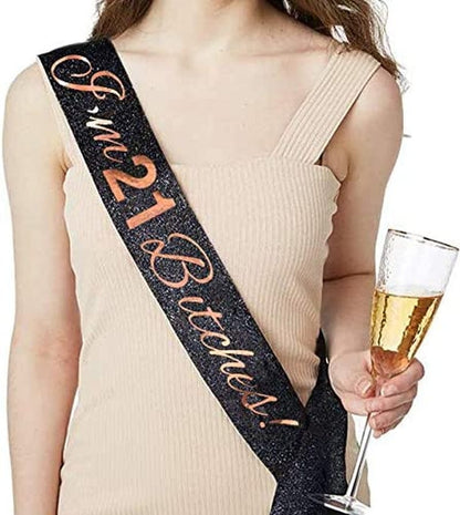 "I'M 21 Bitches!" Sash & Rhinestone Tiara Set - 21St Birthday Gifts Birthday Sash for Women Birthday Party Supplies (Black Glitter/Rose Gold) Apparel & Accessories > Clothing Accessories > Sashes ADBetty   