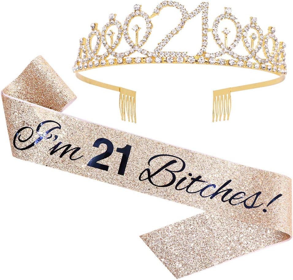 "I'M 21 Bitches!" Sash & Rhinestone Tiara Set - 21St Birthday Gifts Birthday Sash for Women Fun Party Favors Birthday Party Supplies (Gold Glitter with Black Lettering) Apparel & Accessories > Clothing Accessories > Sashes ADBetty   