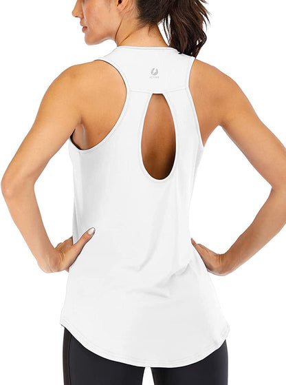 ICTIVE Yoga Tops for Women Loose Fit Workout Tank Tops for Women Backless Sleeveless Keyhole Open Back Muscle Tank White / Small