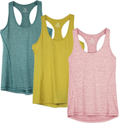 Icyzone Workout Tank Tops for Women - Racerback Athletic Yoga Tops, Running Exercise Gym Shirts(Pack of 3) Mustard/Lilac Snow/Teal / Large
