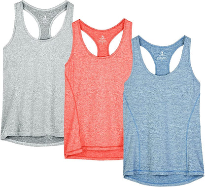 Icyzone Workout Tank Tops for Women - Racerback Athletic Yoga Tops, Running Exercise Gym Shirts(Pack of 3) Granite/Blue/Orange / Large