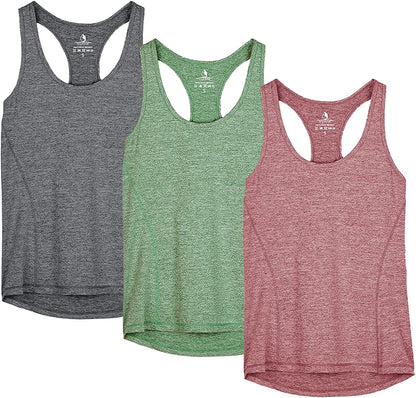 Icyzone Workout Tank Tops for Women - Racerback Athletic Yoga Tops, Running Exercise Gym Shirts(Pack of 3) Charcoal/Burgundy/Turf Green / Large