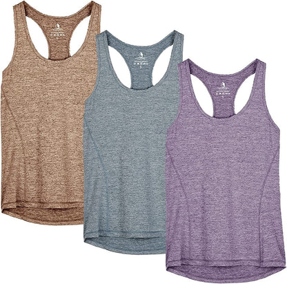 Icyzone Workout Tank Tops for Women - Racerback Athletic Yoga Tops, Running Exercise Gym Shirts(Pack of 3) Henna/Twilight Purple/Navy / Large