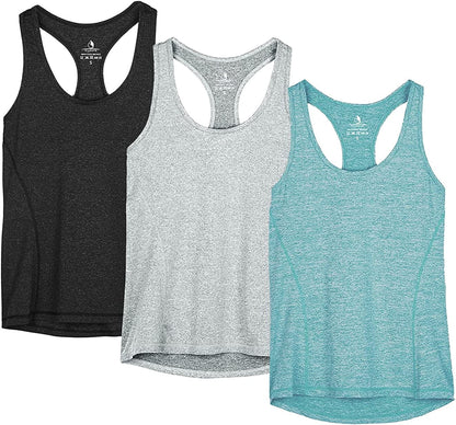 Icyzone Workout Tank Tops for Women - Racerback Athletic Yoga Tops, Running Exercise Gym Shirts(Pack of 3) Black/Granite/Green / Large