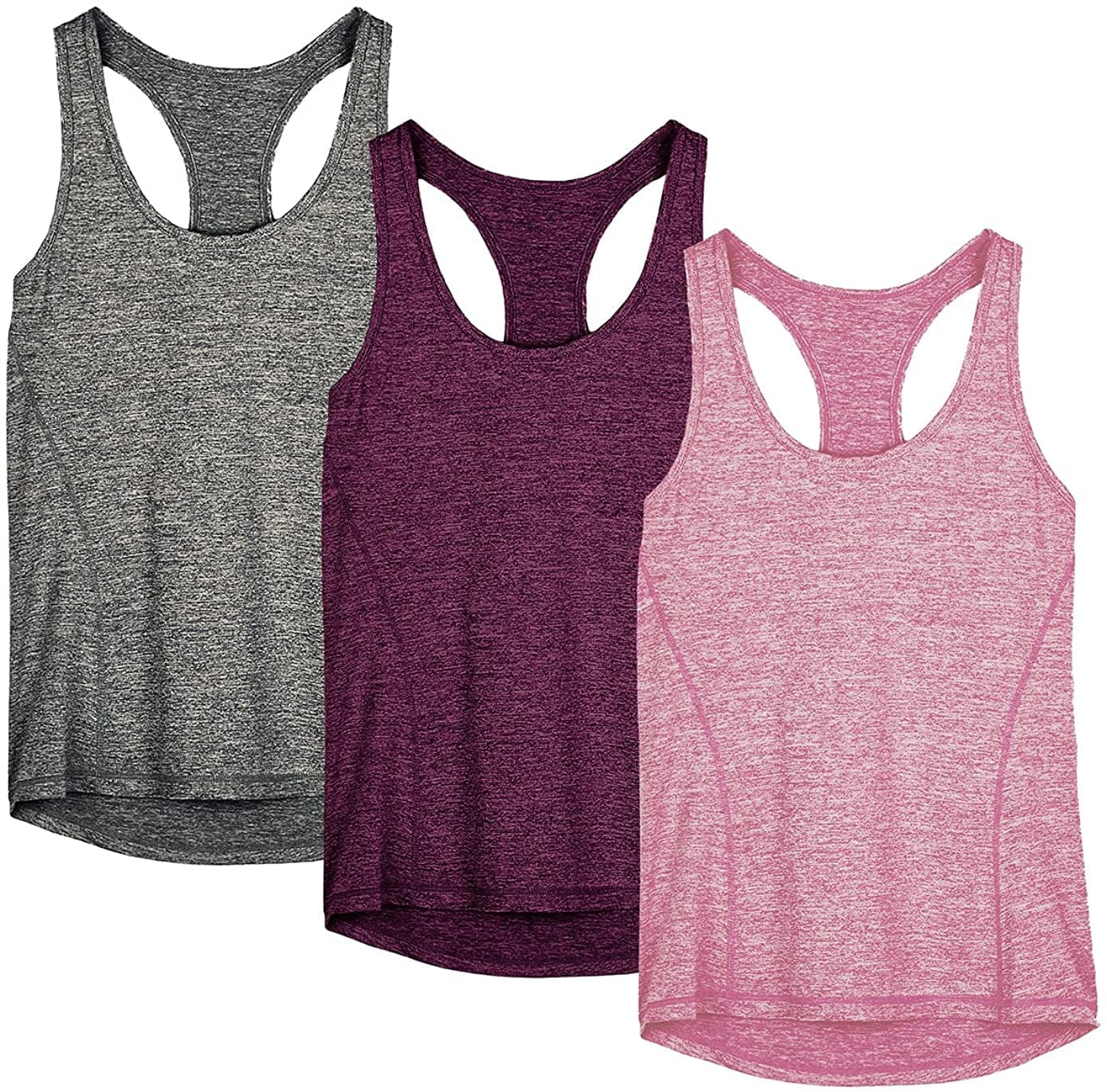 Icyzone Workout Tank Tops for Women - Racerback Athletic Yoga Tops, Running Exercise Gym Shirts(Pack of 3) Charcoal/Red Bud/Pink / Large