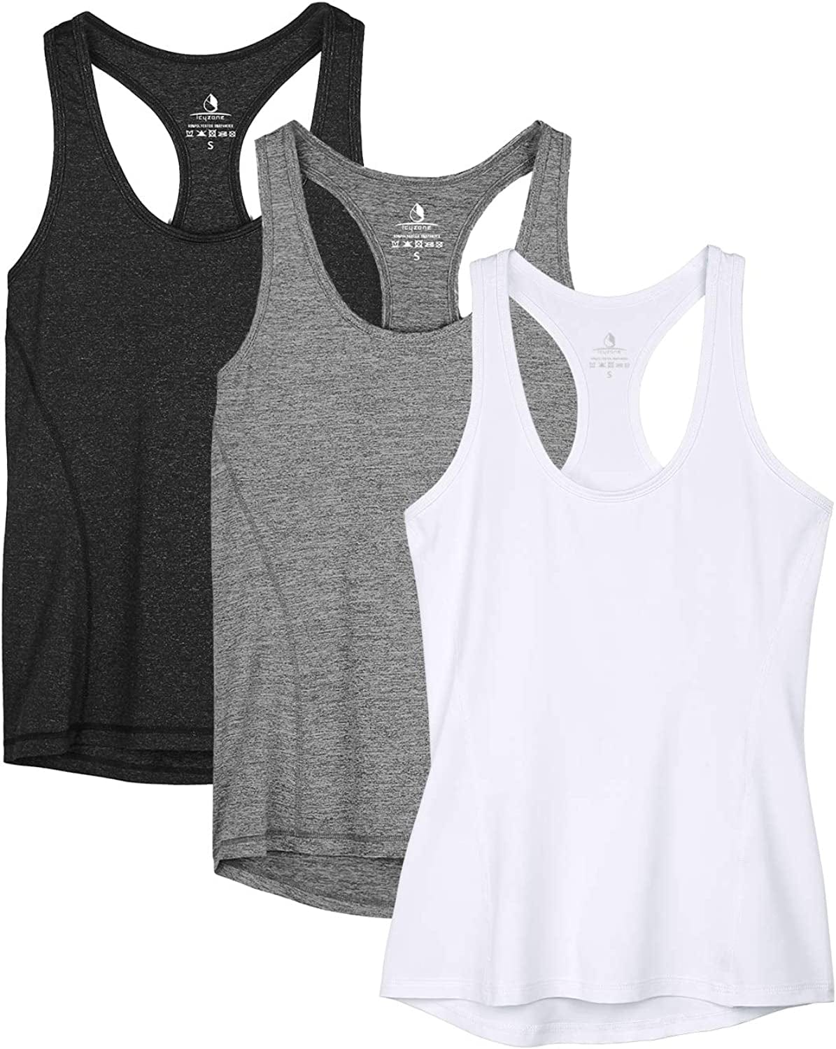 Icyzone Workout Tank Tops for Women - Racerback Athletic Yoga Tops, Running Exercise Gym Shirts(Pack of 3) Black/Gray/White / Large