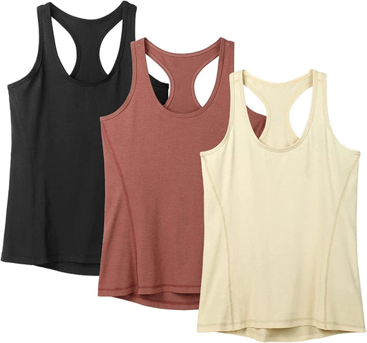 Icyzone Workout Tank Tops for Women - Racerback Athletic Yoga Tops, Running Exercise Gym Shirts(Pack of 3) Black/Cream White/Brick / Large