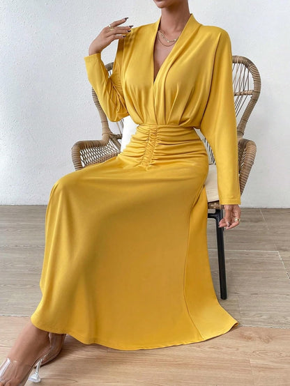 IFAJOOR Womens Dresses, Solid Ruched Front Ruched Waist A-Line Dress, Casual Dresses for Women