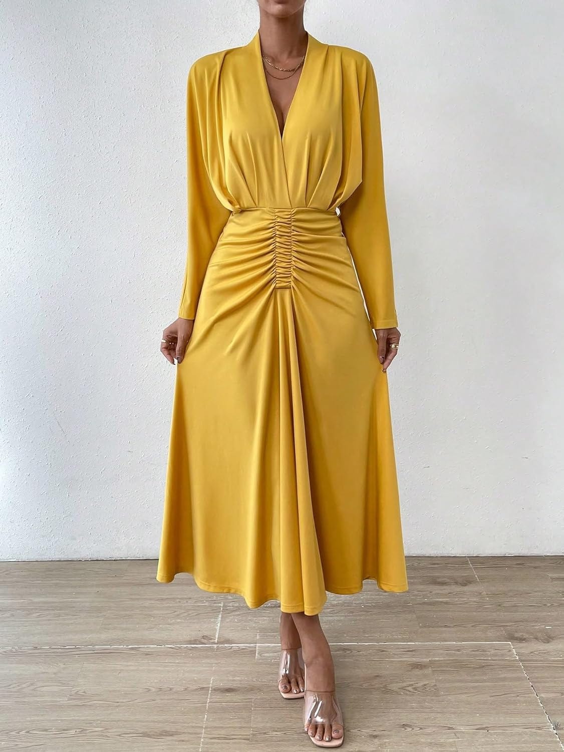 IFAJOOR Womens Dresses, Solid Ruched Front Ruched Waist A-Line Dress, Casual Dresses for Women