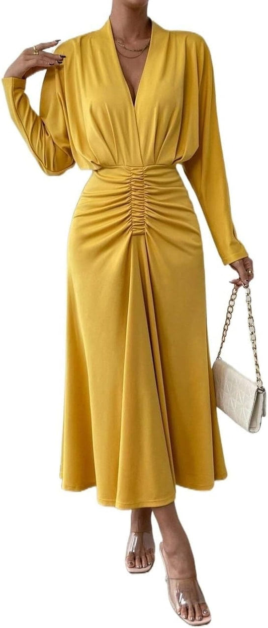 IFAJOOR Womens Dresses, Solid Ruched Front Ruched Waist A-Line Dress, Casual Dresses for Women