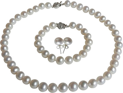 II round Pearl II White Pearl Necklace Bracelet & Earrings Set for Women 3 Piece Set Strand Stud Earring Pearl Jewelry Christmas Genuine Cultured Freshwater 20"/8" Set; 7-7.5mm
