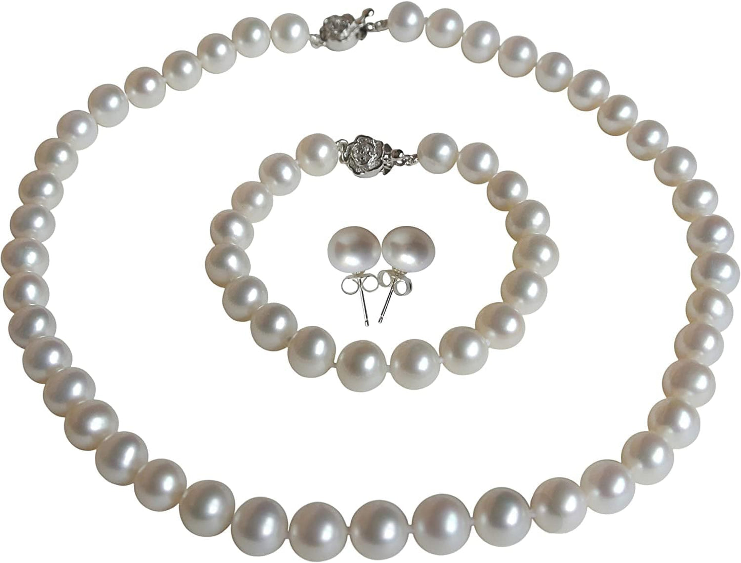 II round Pearl II White Pearl Necklace Bracelet & Earrings Set for Women 3 Piece Set Strand Stud Earring Pearl Jewelry Christmas Genuine Cultured Freshwater 18"/7.5" Set; 9-9.5mm