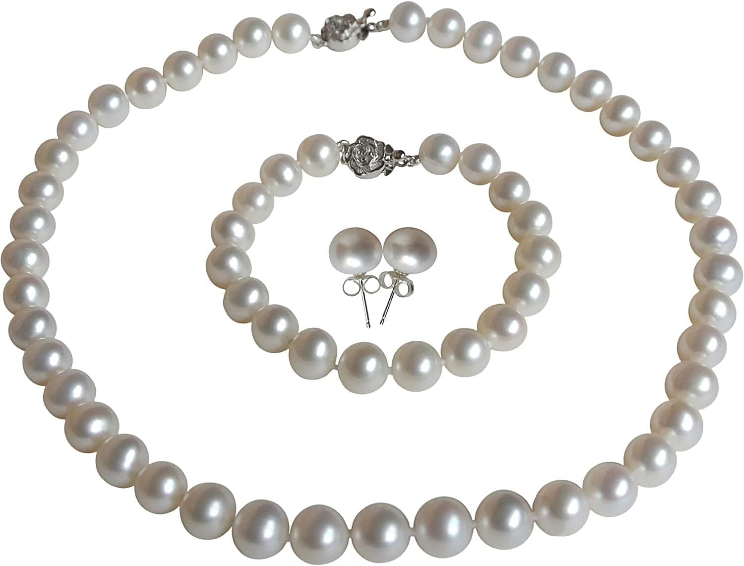 II round Pearl II White Pearl Necklace Bracelet & Earrings Set for Women 3 Piece Set Strand Stud Earring Pearl Jewelry Christmas Genuine Cultured Freshwater 18"/7.5" Set; 9-9.5mm