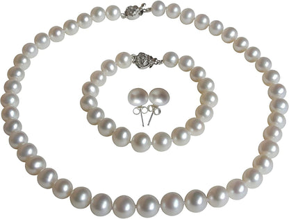 II round Pearl II White Pearl Necklace Bracelet & Earrings Set for Women 3 Piece Set Strand Stud Earring Pearl Jewelry Christmas Genuine Cultured Freshwater 18"/7.5" Set; 9-9.5mm