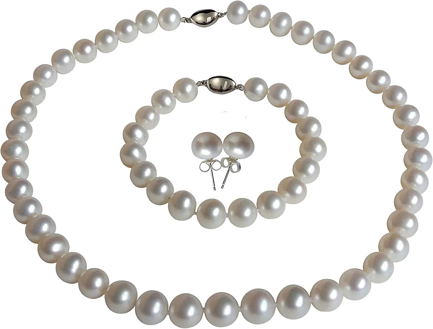 II round Pearl II White Pearl Necklace Bracelet & Earrings Set for Women 3 Piece Set Strand Stud Earring Pearl Jewelry Christmas Genuine Cultured Freshwater 16"/7" Set; 8-8.5mm