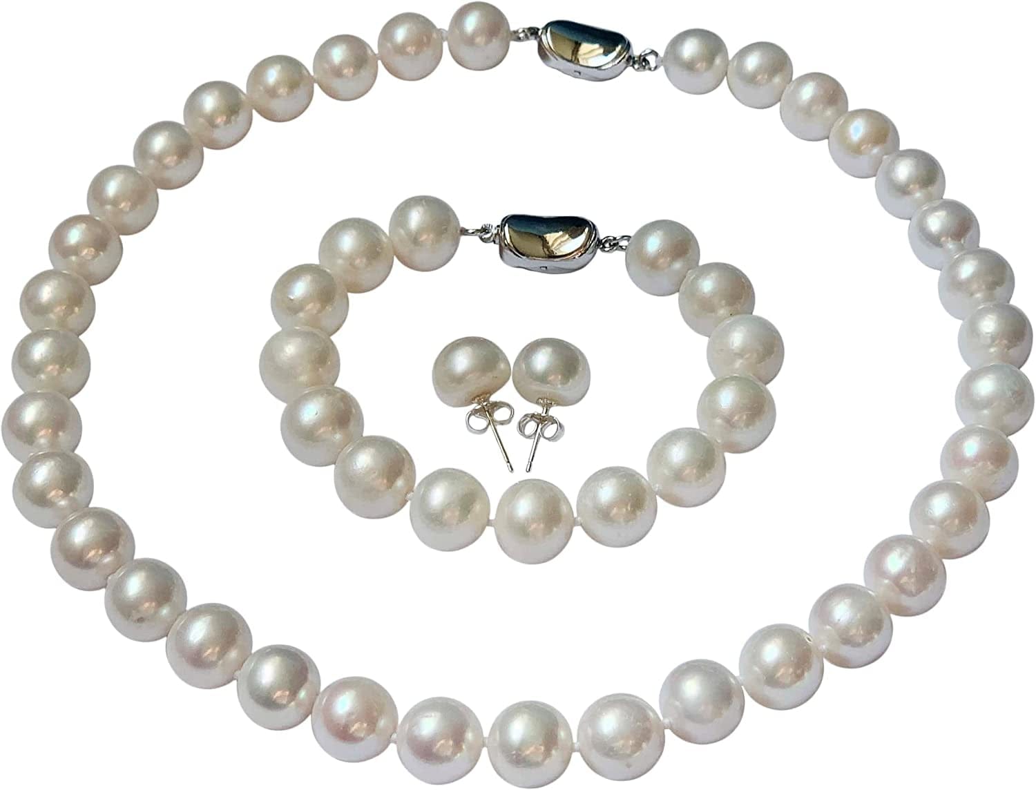 II round Pearl II White Pearl Necklace Bracelet & Earrings Set for Women 3 Piece Set Strand Stud Earring Pearl Jewelry Christmas Genuine Cultured Freshwater 18"/7.5" Set; 11-11.5mm