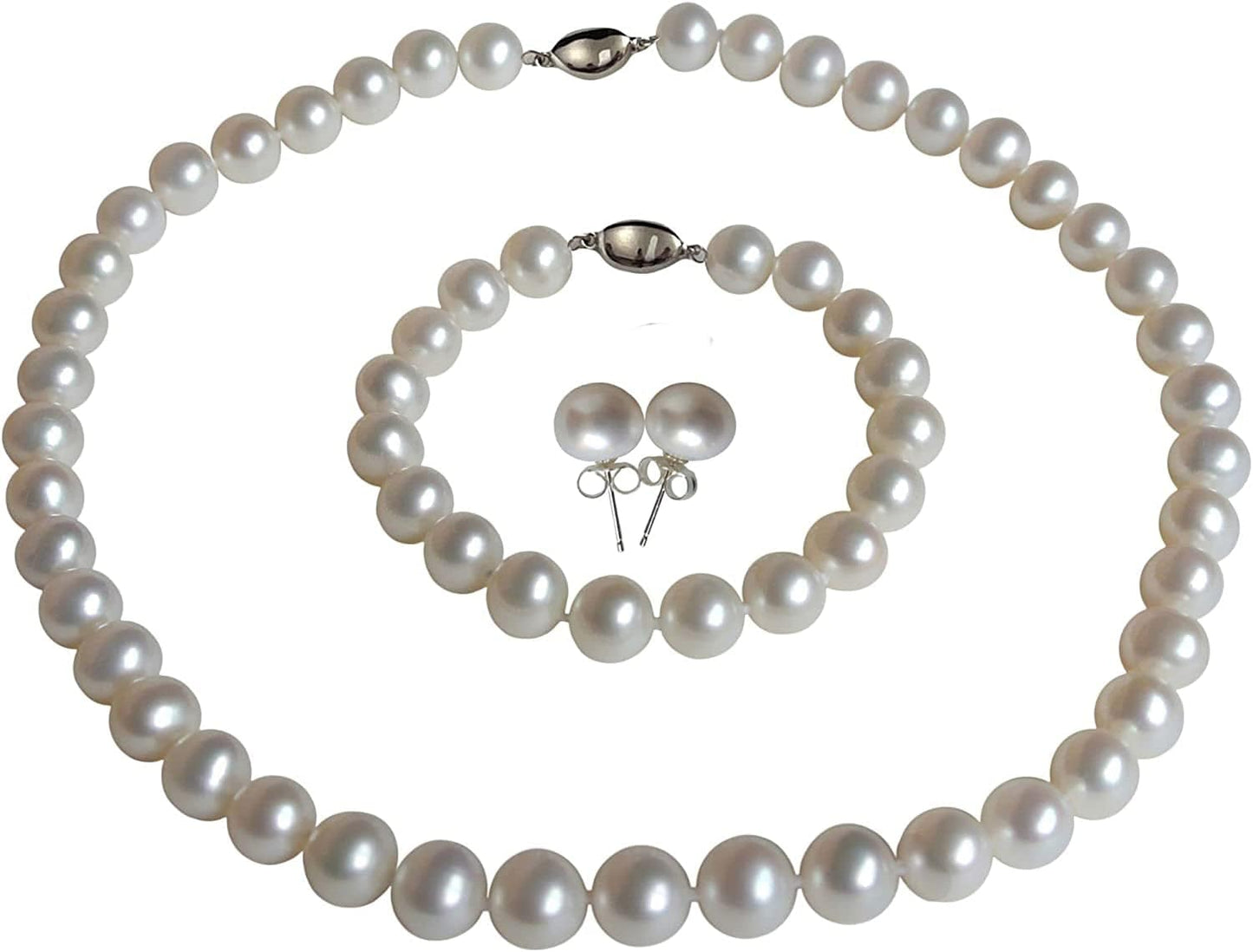 II round Pearl II White Pearl Necklace Bracelet & Earrings Set for Women 3 Piece Set Strand Stud Earring Pearl Jewelry Christmas Genuine Cultured Freshwater 18"/7.5" Set; 8-8.5mm