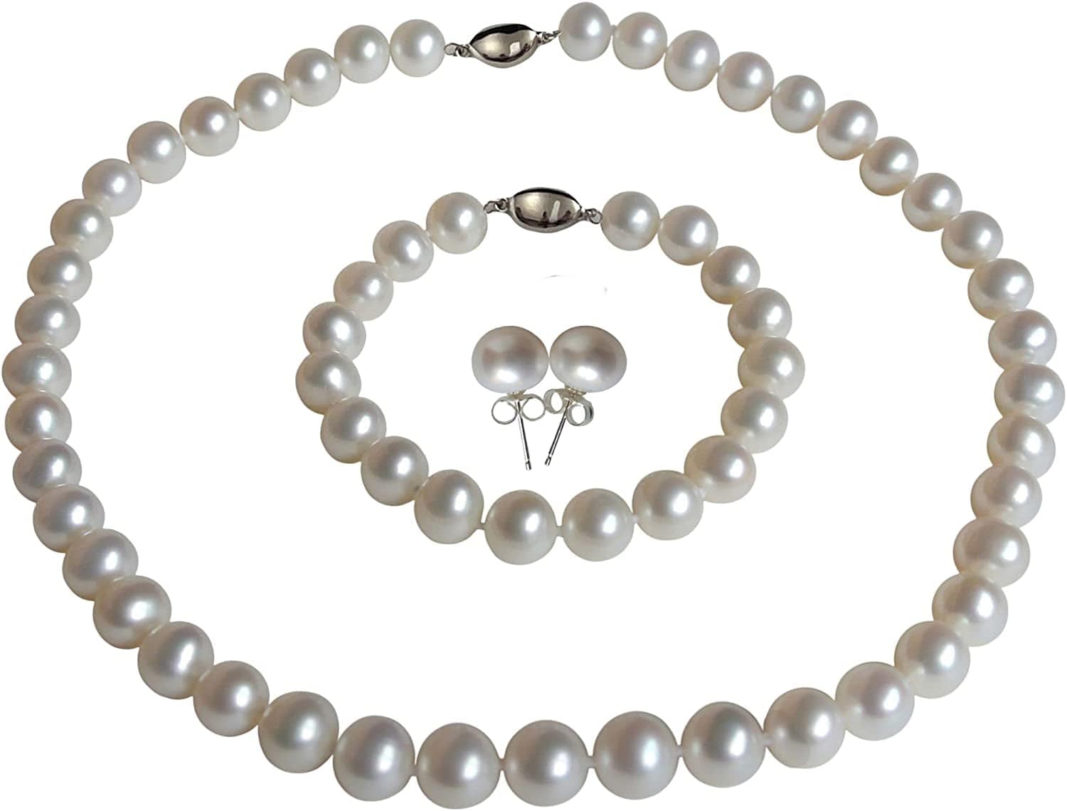 II round Pearl II White Pearl Necklace Bracelet & Earrings Set for Women 3 Piece Set Strand Stud Earring Pearl Jewelry Christmas Genuine Cultured Freshwater 18"/7.5" Set; 8-8.5mm