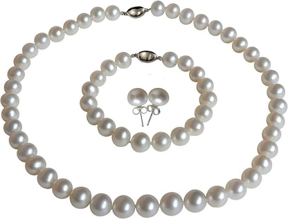 II round Pearl II White Pearl Necklace Bracelet & Earrings Set for Women 3 Piece Set Strand Stud Earring Pearl Jewelry Christmas Genuine Cultured Freshwater 18"/7.5" Set; 8-8.5mm
