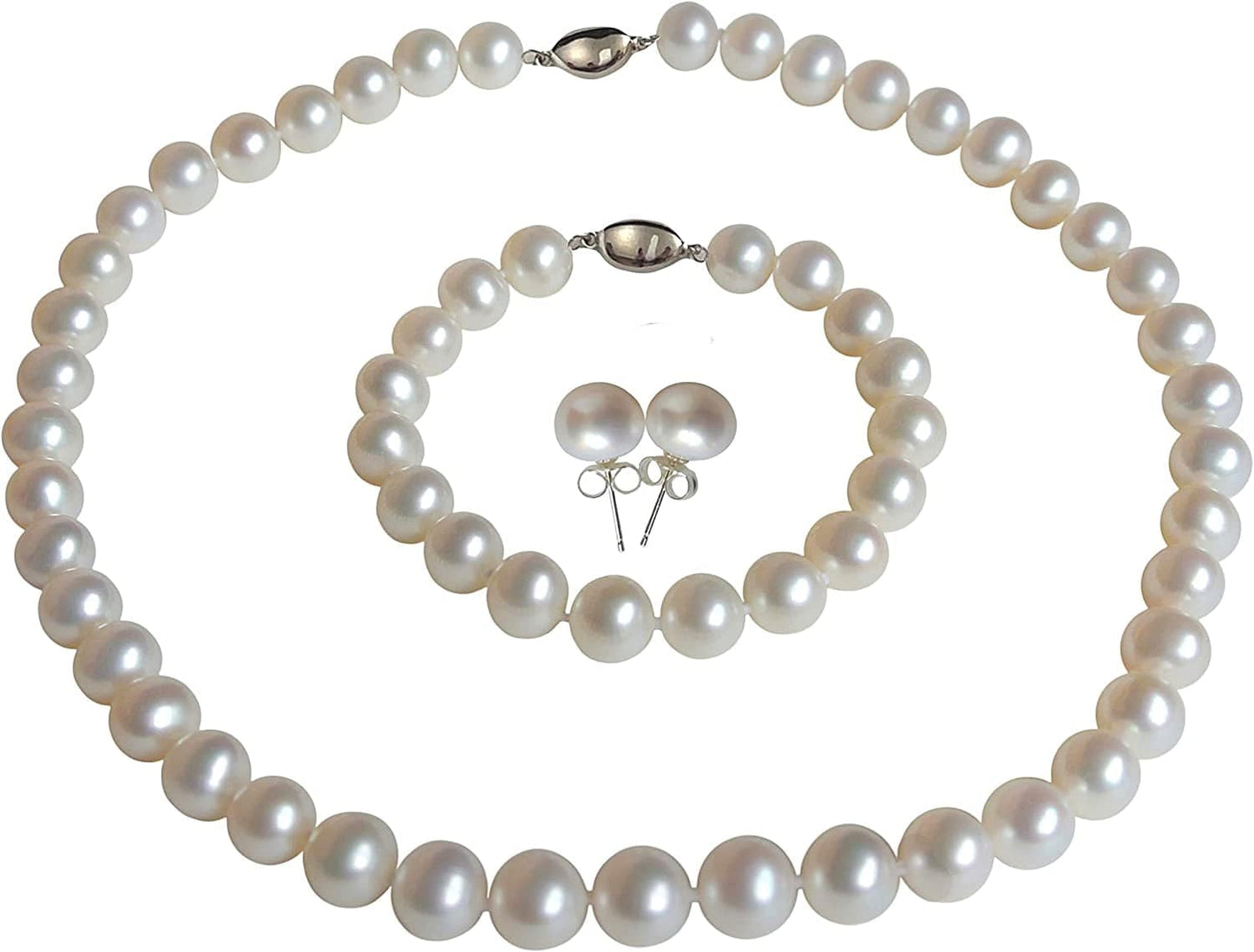 II round Pearl II White Pearl Necklace Bracelet & Earrings Set for Women 3 Piece Set Strand Stud Earring Pearl Jewelry Christmas Genuine Cultured Freshwater 24"/7.5" Set; 9-9.5mm