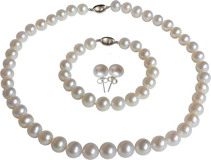 II round Pearl II White Pearl Necklace Bracelet & Earrings Set for Women 3 Piece Set Strand Stud Earring Pearl Jewelry Christmas Genuine Cultured Freshwater 24"/7.5" Set; 9-9.5mm