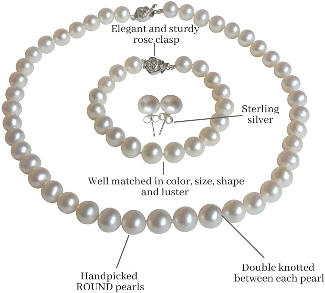 II round Pearl II White Pearl Necklace Bracelet & Earrings Set for Women 3 Piece Set Strand Stud Earring Pearl Jewelry Christmas Genuine Cultured Freshwater