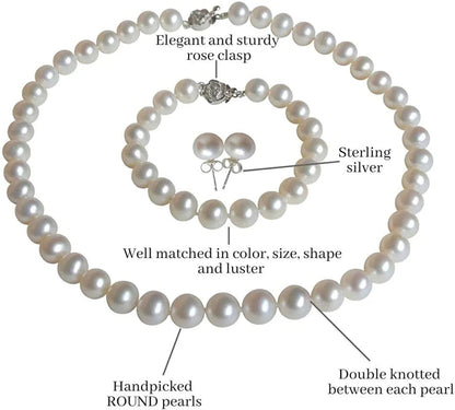 II round Pearl II White Pearl Necklace Bracelet & Earrings Set for Women 3 Piece Set Strand Stud Earring Pearl Jewelry Christmas Genuine Cultured Freshwater