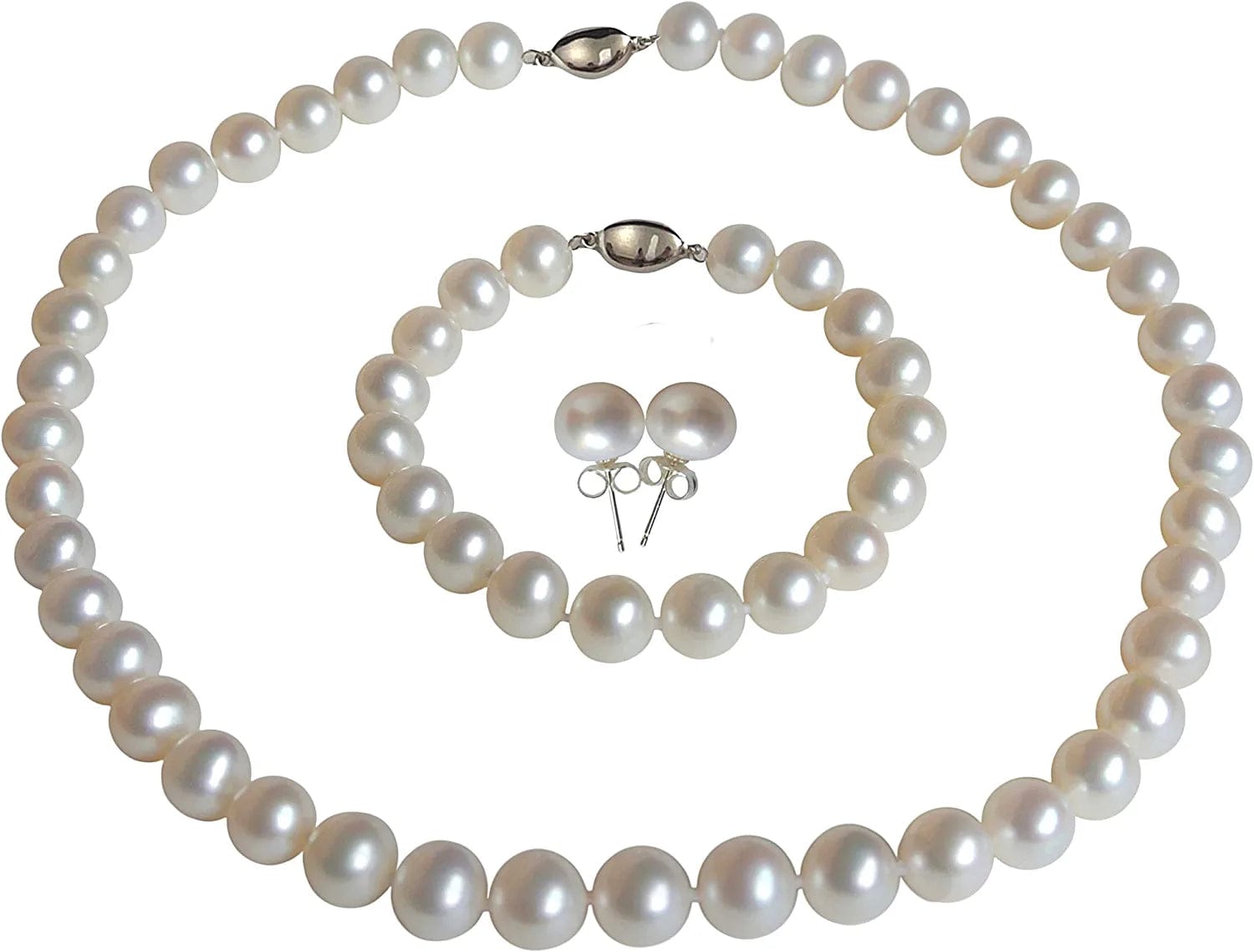 II round Pearl II White Pearl Necklace Bracelet & Earrings Set for Women 3 Piece Set Strand Stud Earring Pearl Jewelry Christmas Genuine Cultured Freshwater 16"/7" Set; 7-7.5mm