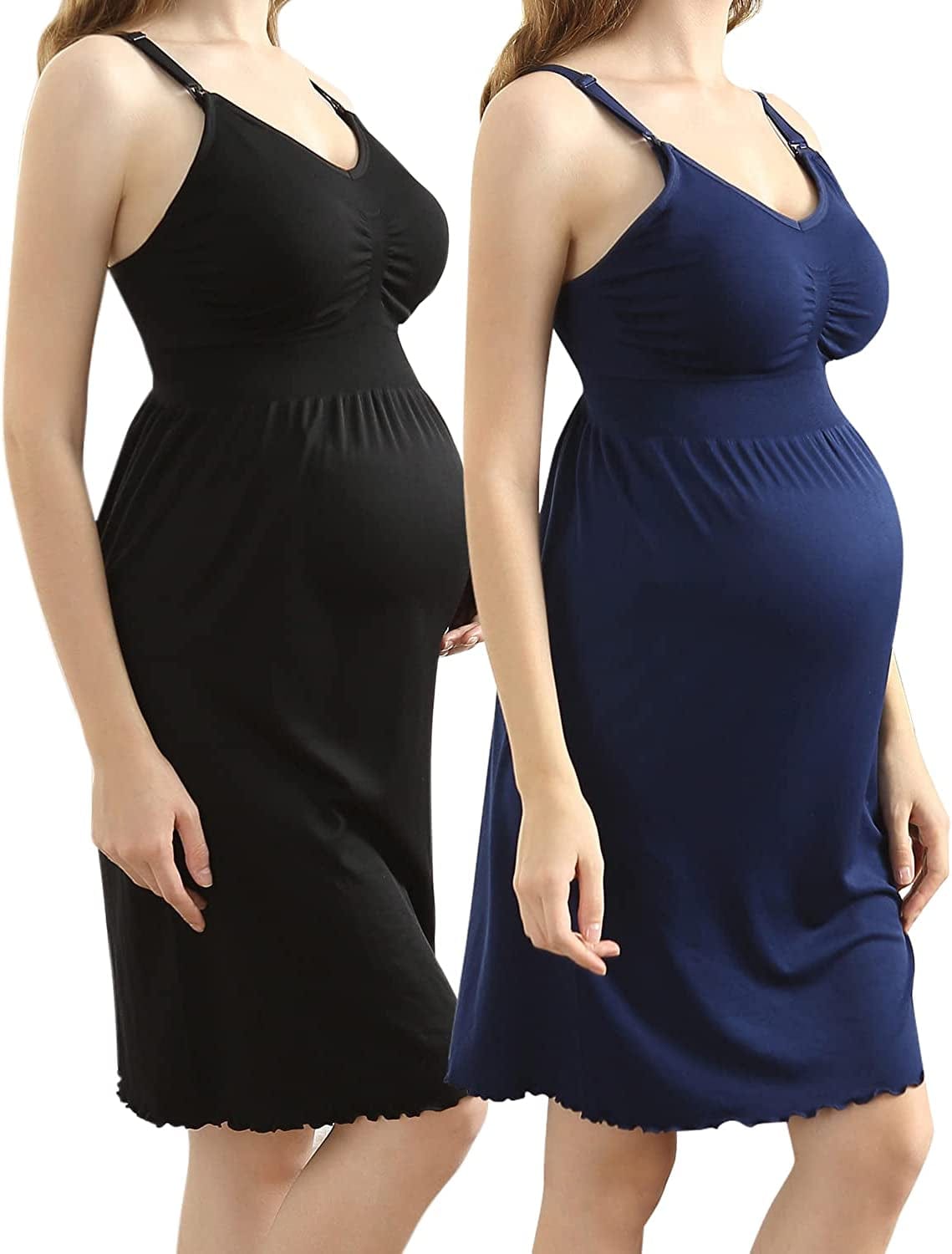 Ilovesia 2Pack Women'S Seamless Maternity Breastfeeding Nursing Dress with Build-In Bra (Black+blue)2pack/Lot Breastfeeding Nursing Dresses / Medium
