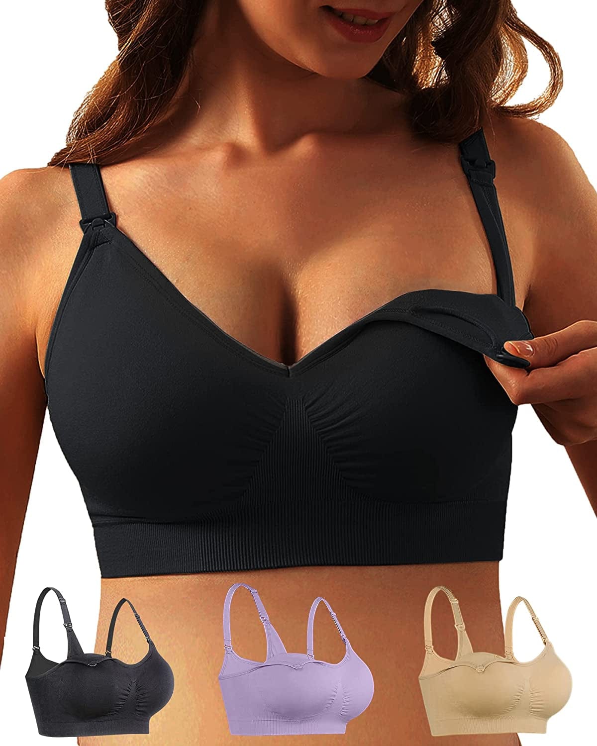 Ilovesia 3PACK Nursing Bra for Breastfeeding Maternity Pregnancy Seamless Wireless Fit Bra Purple+beige+black / Large