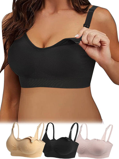 Ilovesia 3PACK Nursing Bra for Breastfeeding Maternity Pregnancy Seamless Wireless Fit Bra Pink+beige+black / Large