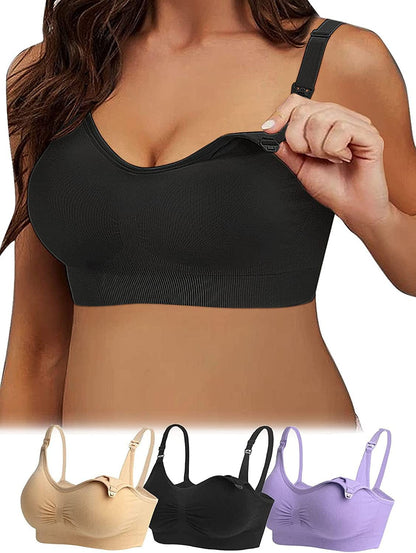 Ilovesia 3PACK Womens Full Bust Nursing Bra Seamless Maternity Bra Black+nude+purple / Large