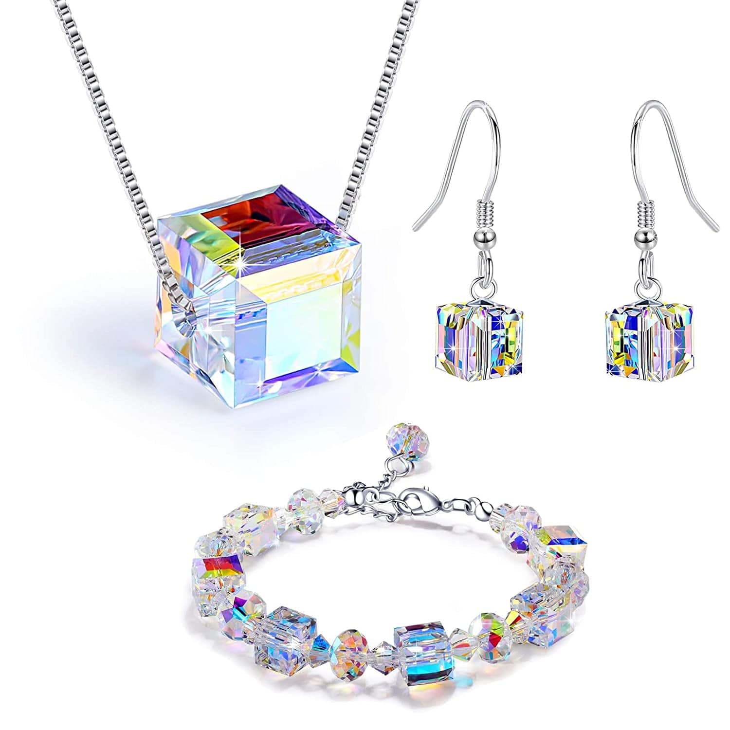 Imani Handmade Jewelry Set, Silver Bracelet Necklace Earrings, Delicate Aurora Borealis Crystal Bracelet, Ladies Engagement Jewelry Set.