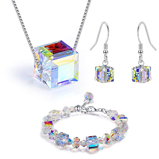 Imani Handmade Jewelry Set, Silver Bracelet Necklace Earrings, Delicate Aurora Borealis Crystal Bracelet, Ladies Engagement Jewelry Set.