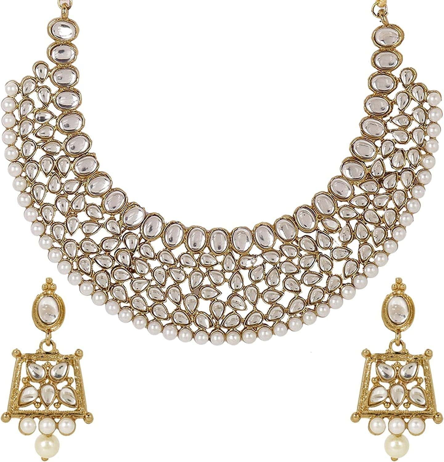 Indian Faux Pearl Necklace Jewelry Set CZ Cubic Zirconia Beaded Choker Necklace Earrings Jewelry Set Style 3
