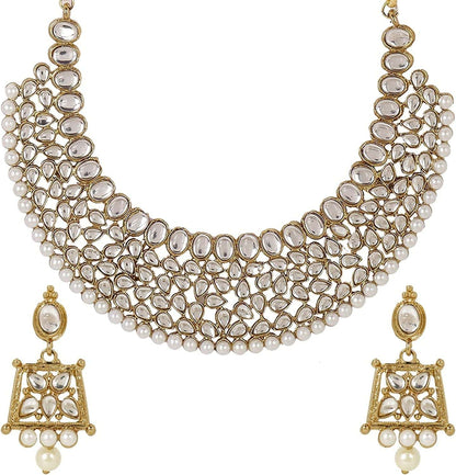 Indian Faux Pearl Necklace Jewelry Set CZ Cubic Zirconia Beaded Choker Necklace Earrings Jewelry Set Style 3