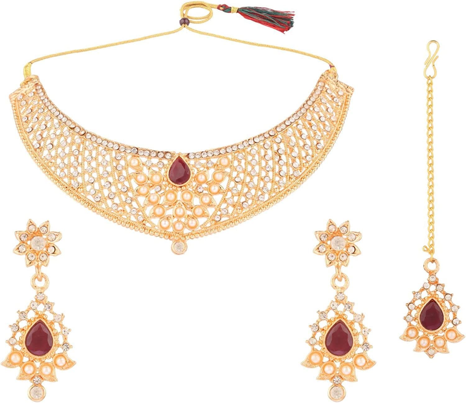 Indian Faux Pearl Necklace Jewelry Set CZ Cubic Zirconia Beaded Choker Necklace Earrings Jewelry Set Maroon