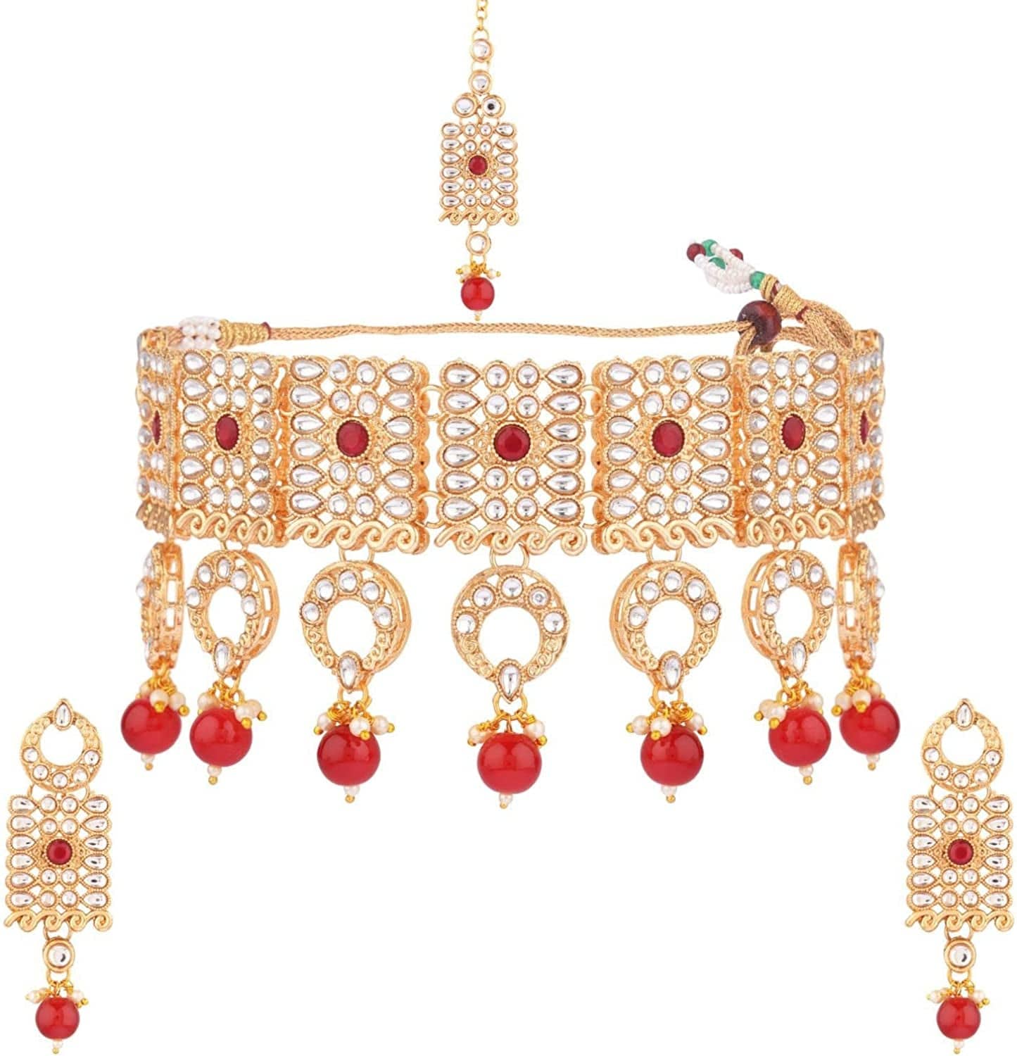 Indian Faux Pearl Necklace Jewelry Set CZ Cubic Zirconia Beaded Choker Necklace Earrings Jewelry Set Red 2