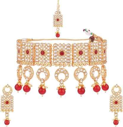 Indian Faux Pearl Necklace Jewelry Set CZ Cubic Zirconia Beaded Choker Necklace Earrings Jewelry Set Red 2