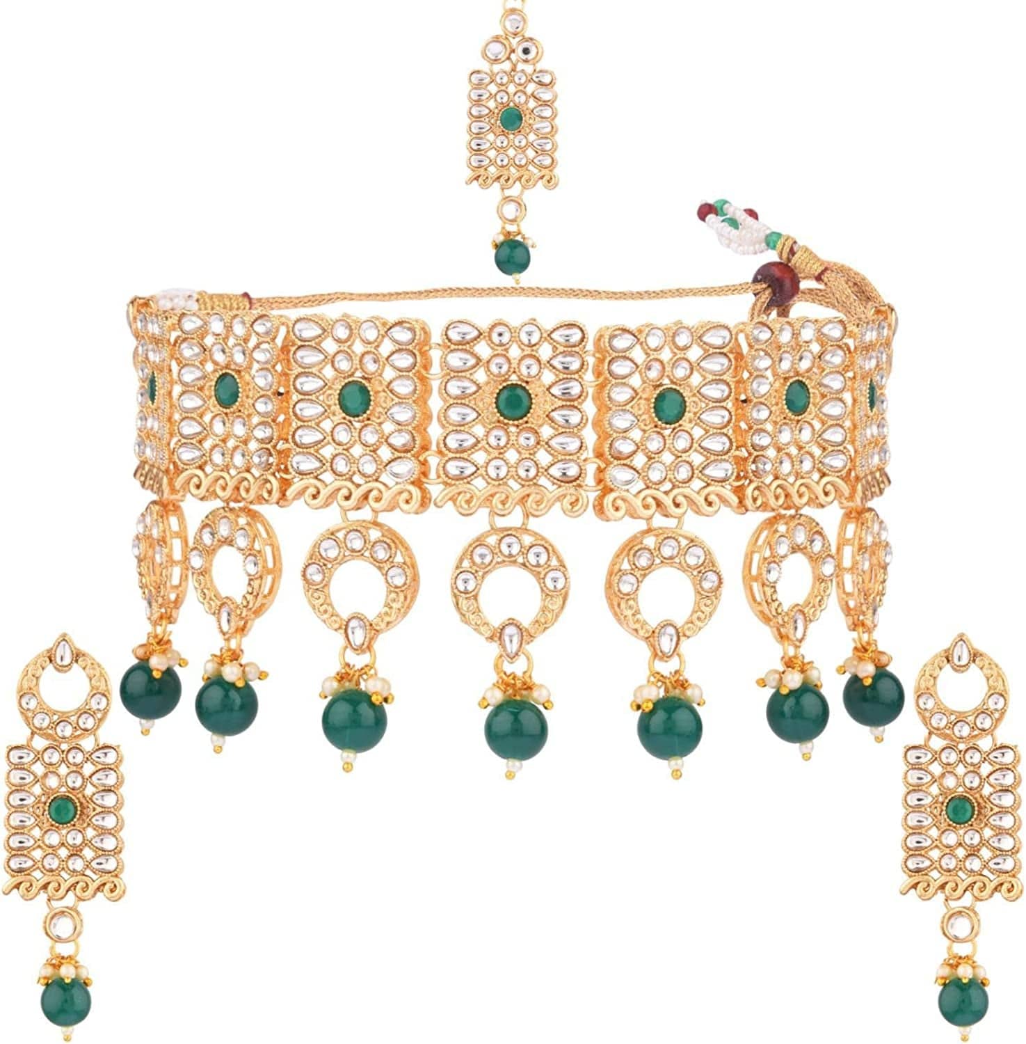 Indian Faux Pearl Necklace Jewelry Set CZ Cubic Zirconia Beaded Choker Necklace Earrings Jewelry Set Green 2