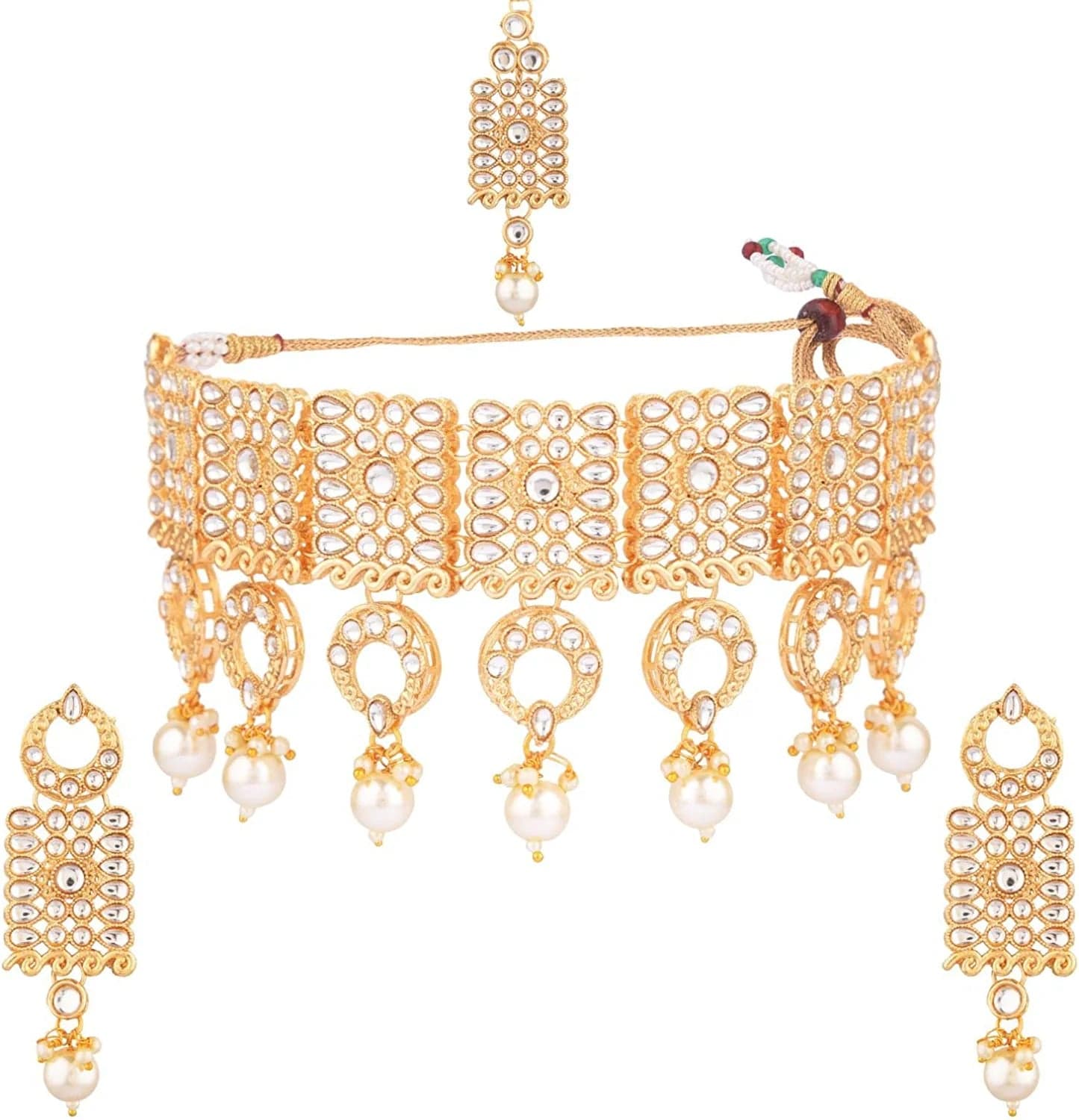 Indian Faux Pearl Necklace Jewelry Set CZ Cubic Zirconia Beaded Choker Necklace Earrings Jewelry Set White (Gold)