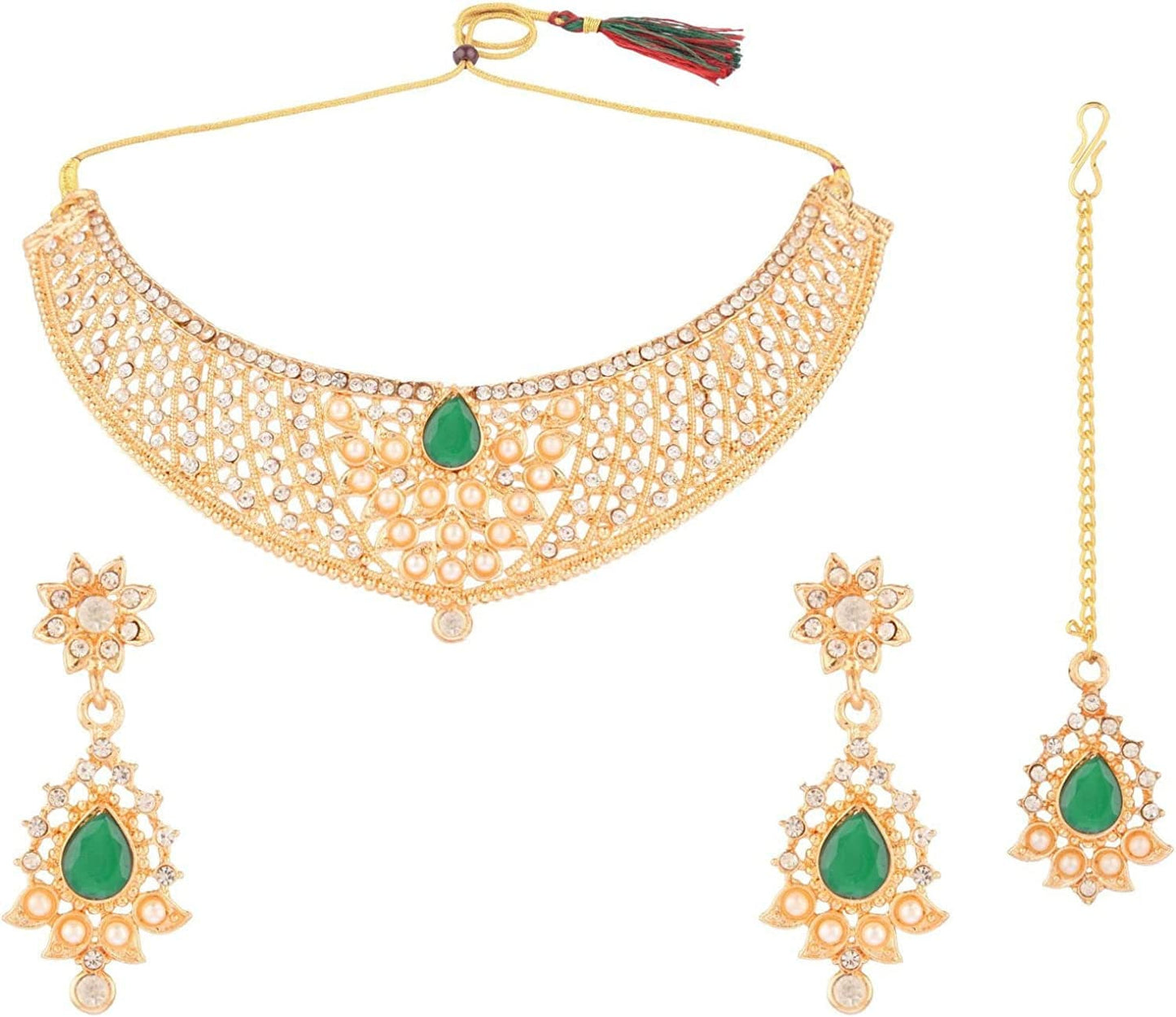 Indian Faux Pearl Necklace Jewelry Set CZ Cubic Zirconia Beaded Choker Necklace Earrings Jewelry Set Green