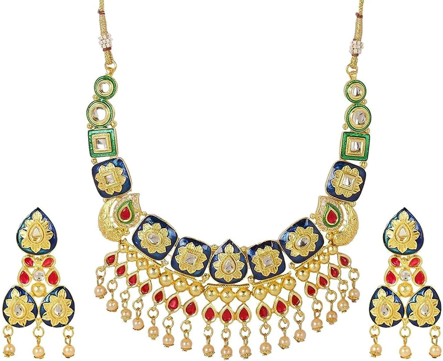 Indian Faux Pearl Necklace Jewelry Set CZ Cubic Zirconia Beaded Choker Necklace Earrings Jewelry Set Style 2